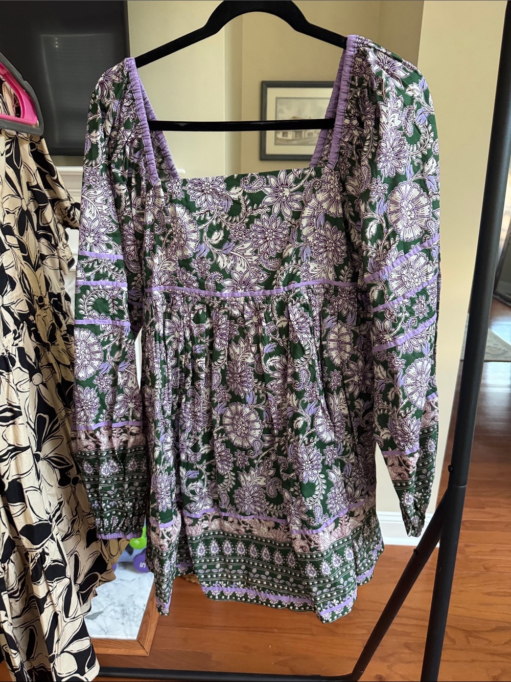 Olivaceous Green and Lavender Floral Red Dress Boutique Long Sleeve Dress